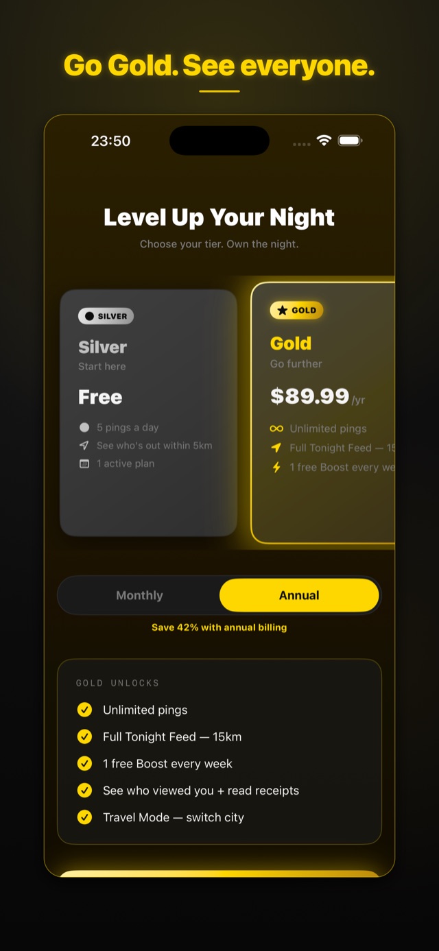 2NIGHT membership and radius selection screen